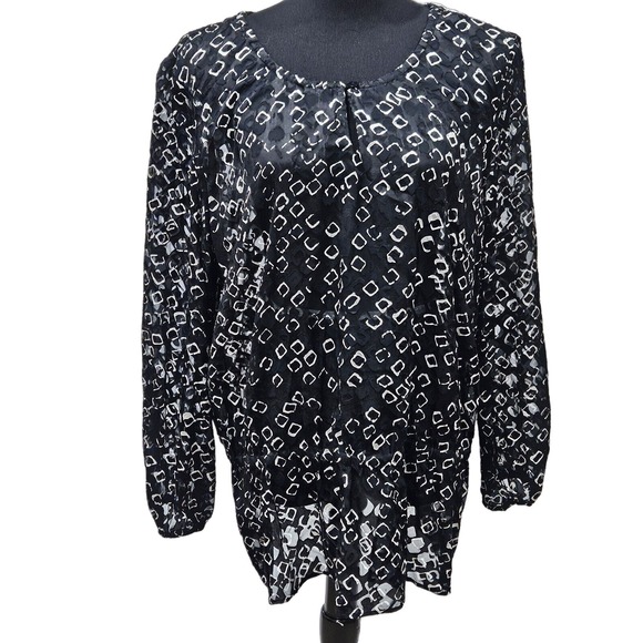 Chicos Black Cream Keyhole Neck Sheer Long Sleeve Geo Squares Top 3/Large 16 - Picture 1 of 9